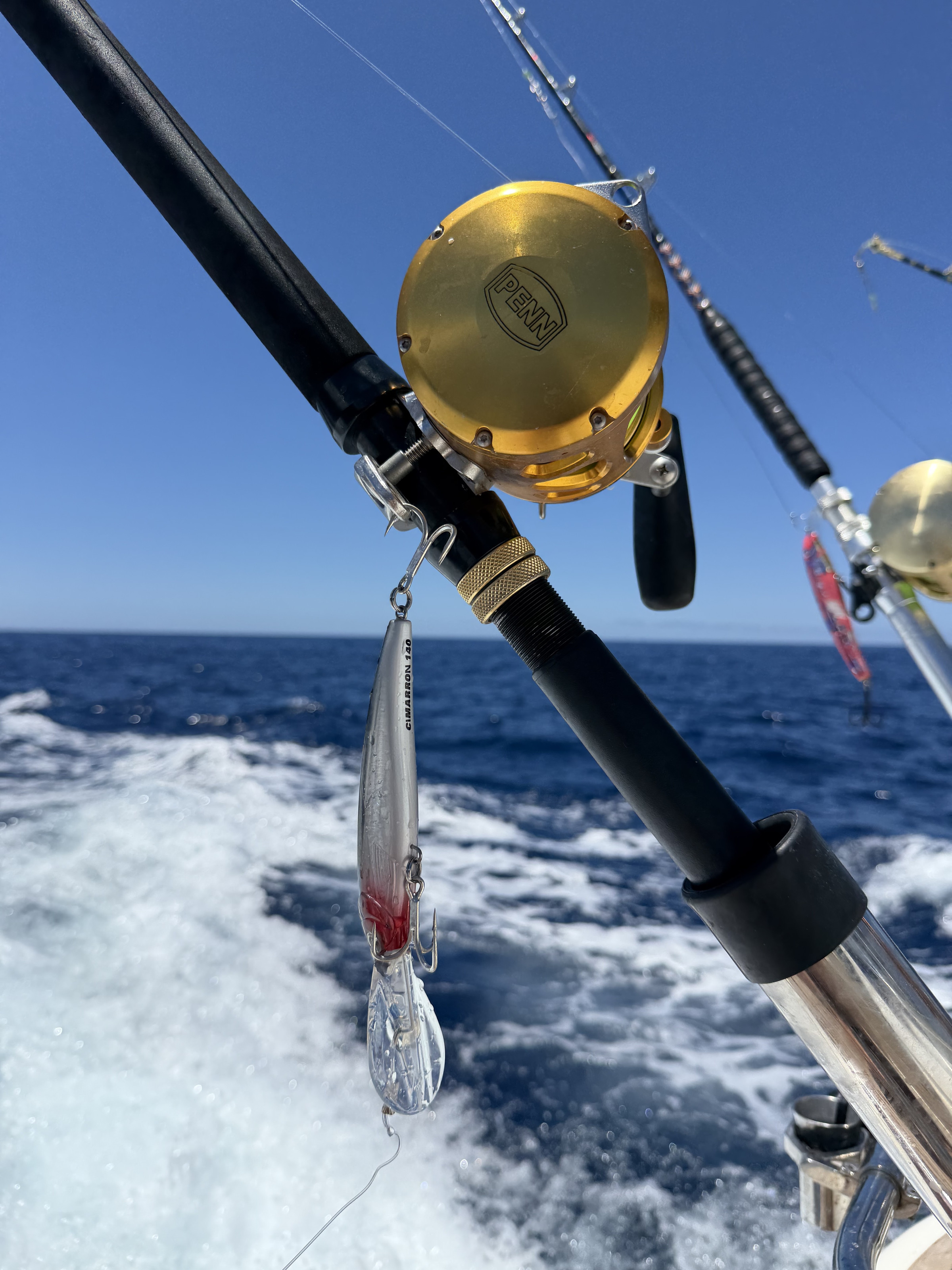 Caña y carrete de pesca sobre la estela